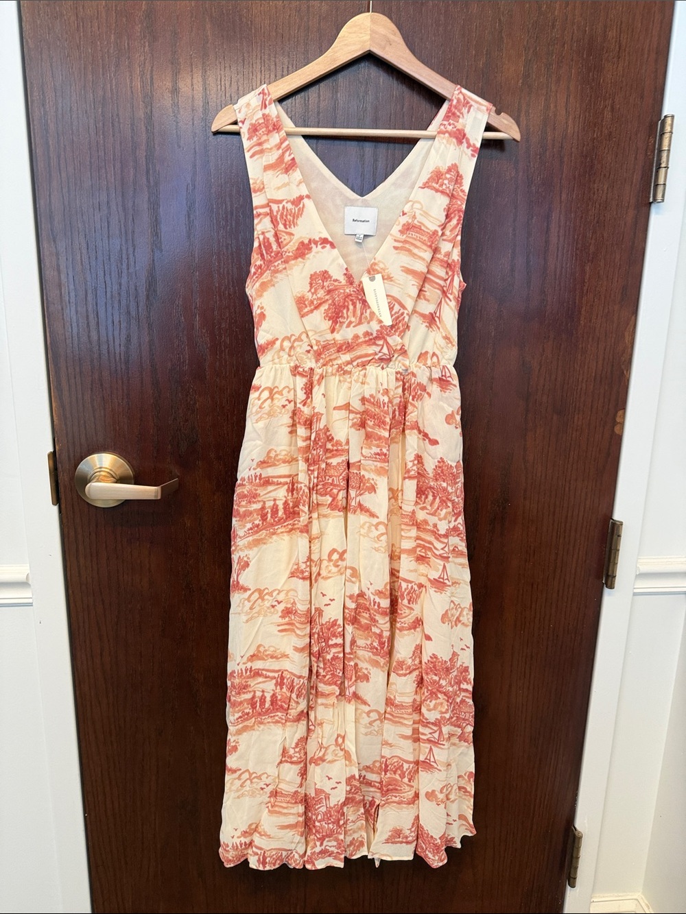 Reformation Cream and Coral Toile Wrap Maxi Dress